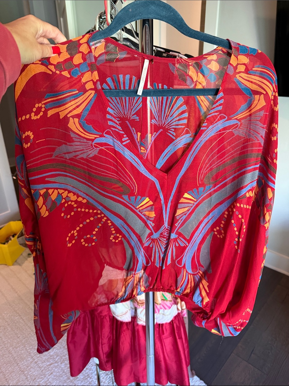 Free People Red Multicolor V-Neck Printed Blouse